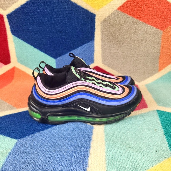 Nike Air Max 97 GS Black Multi Color Neon Green Youth Running Sneakers - Picture 1 of 7